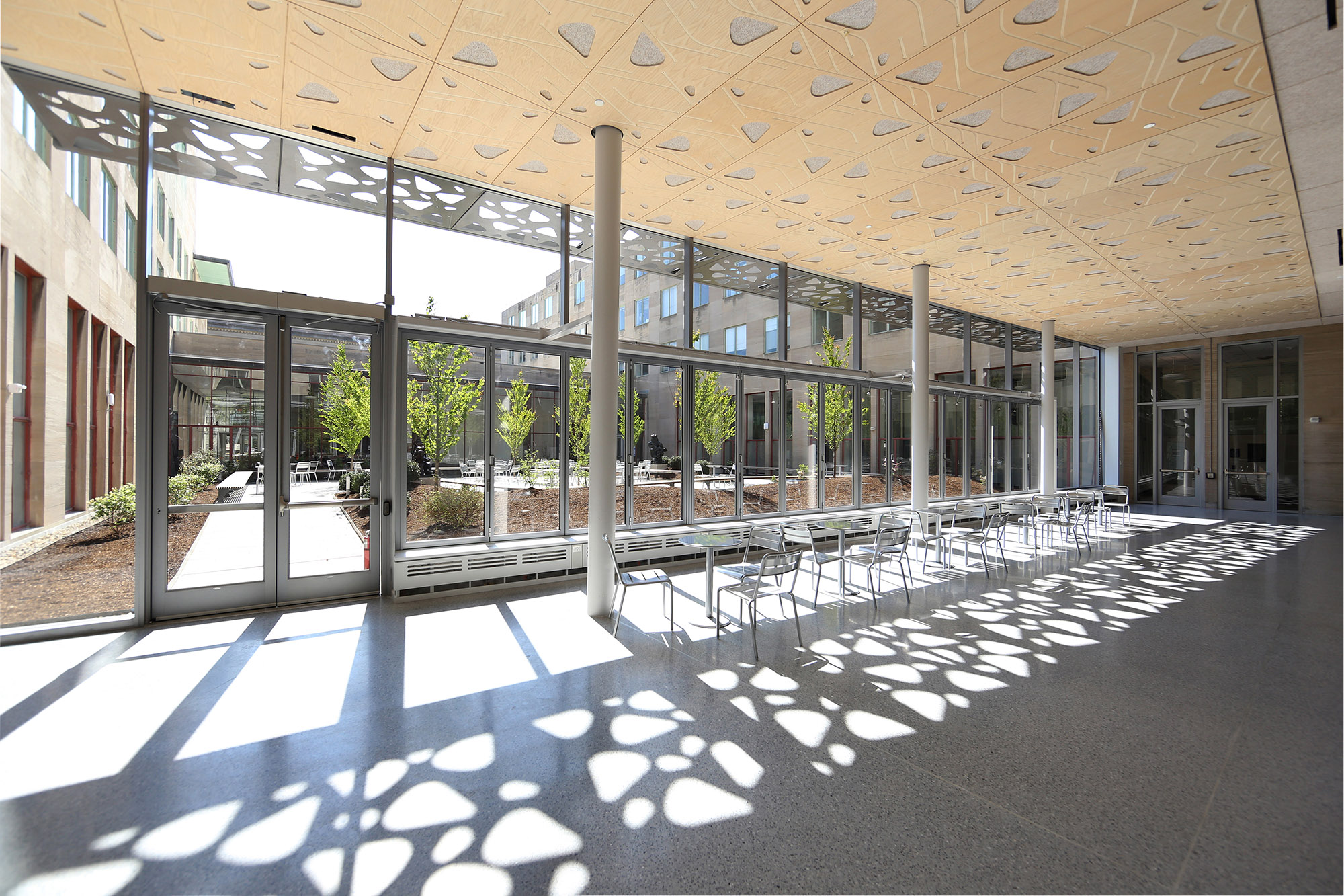 Image of hallway with a wall of windows and tables and chairs