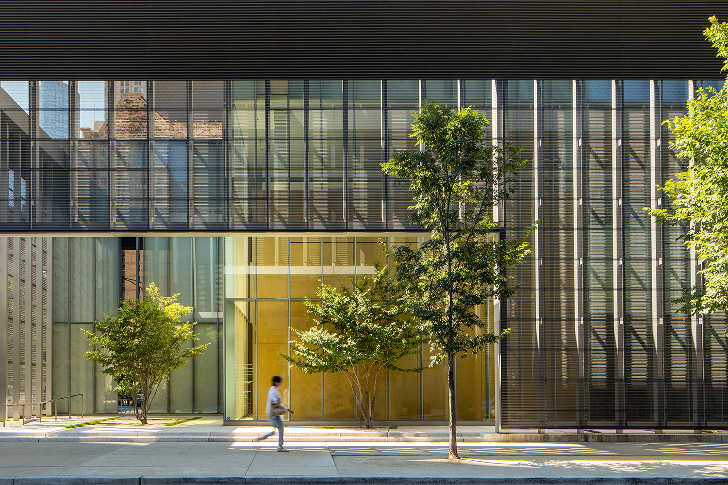 A person walks past a glass-sided building that has trees framing its entrance. 