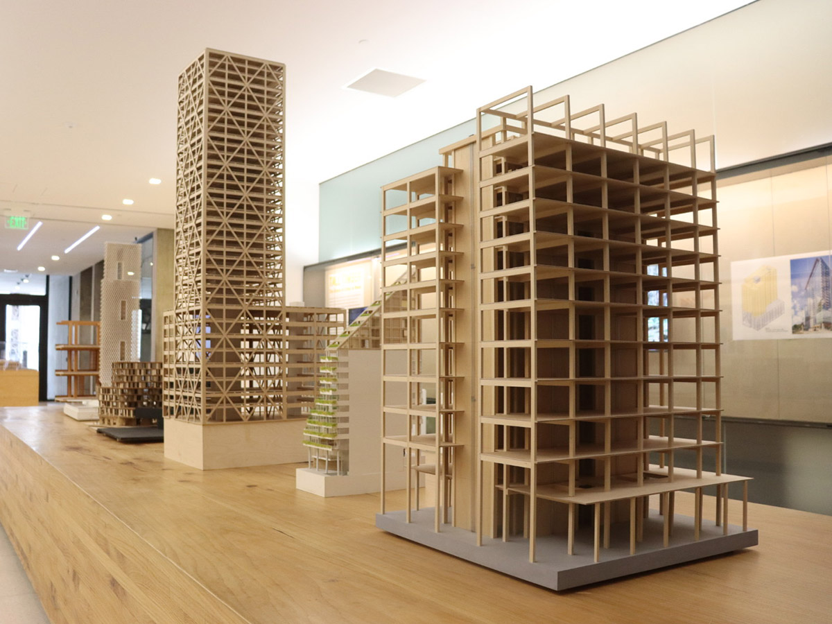 Exhibition wooden building models on display