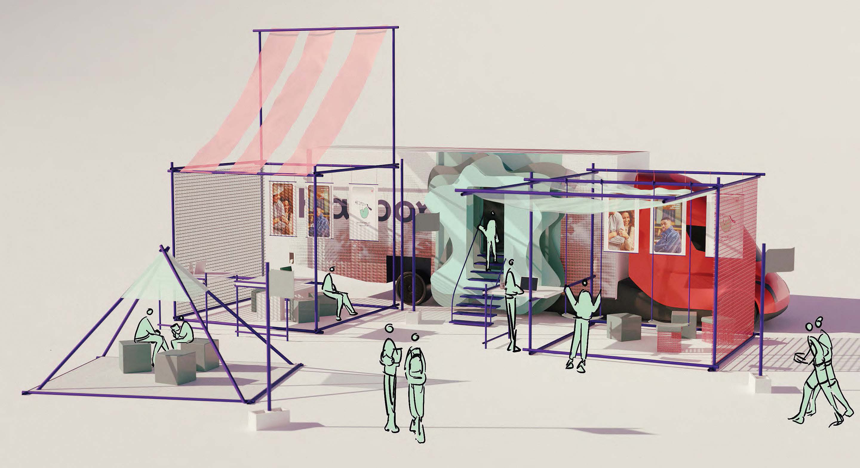Sketch and rendering of recreational and eating space