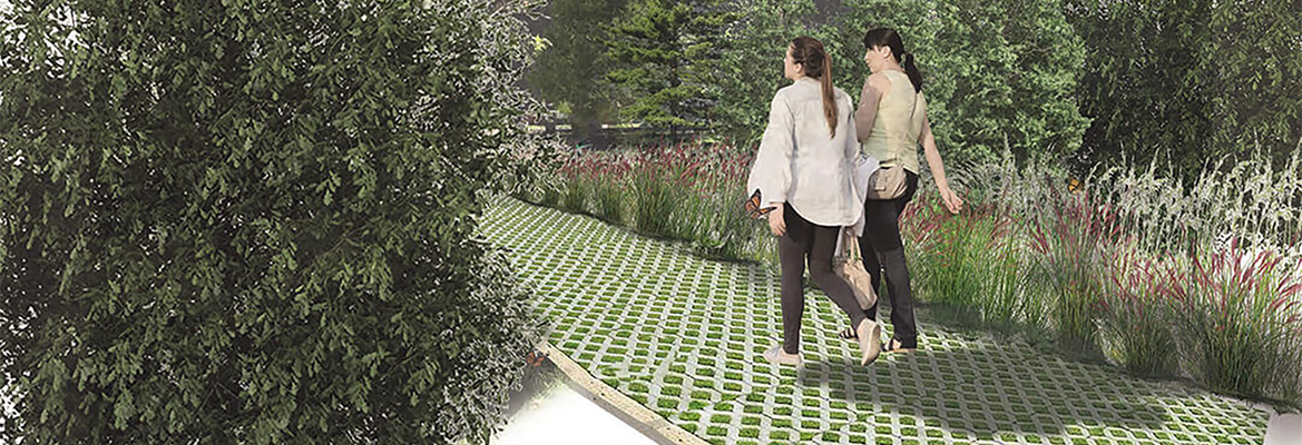 rendering showing people walking on a garden path