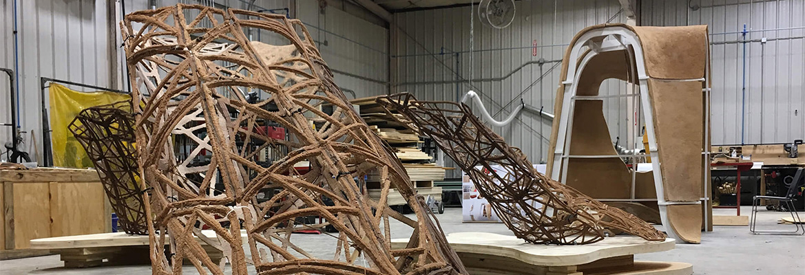 3D printed and cast wood paste pavilions