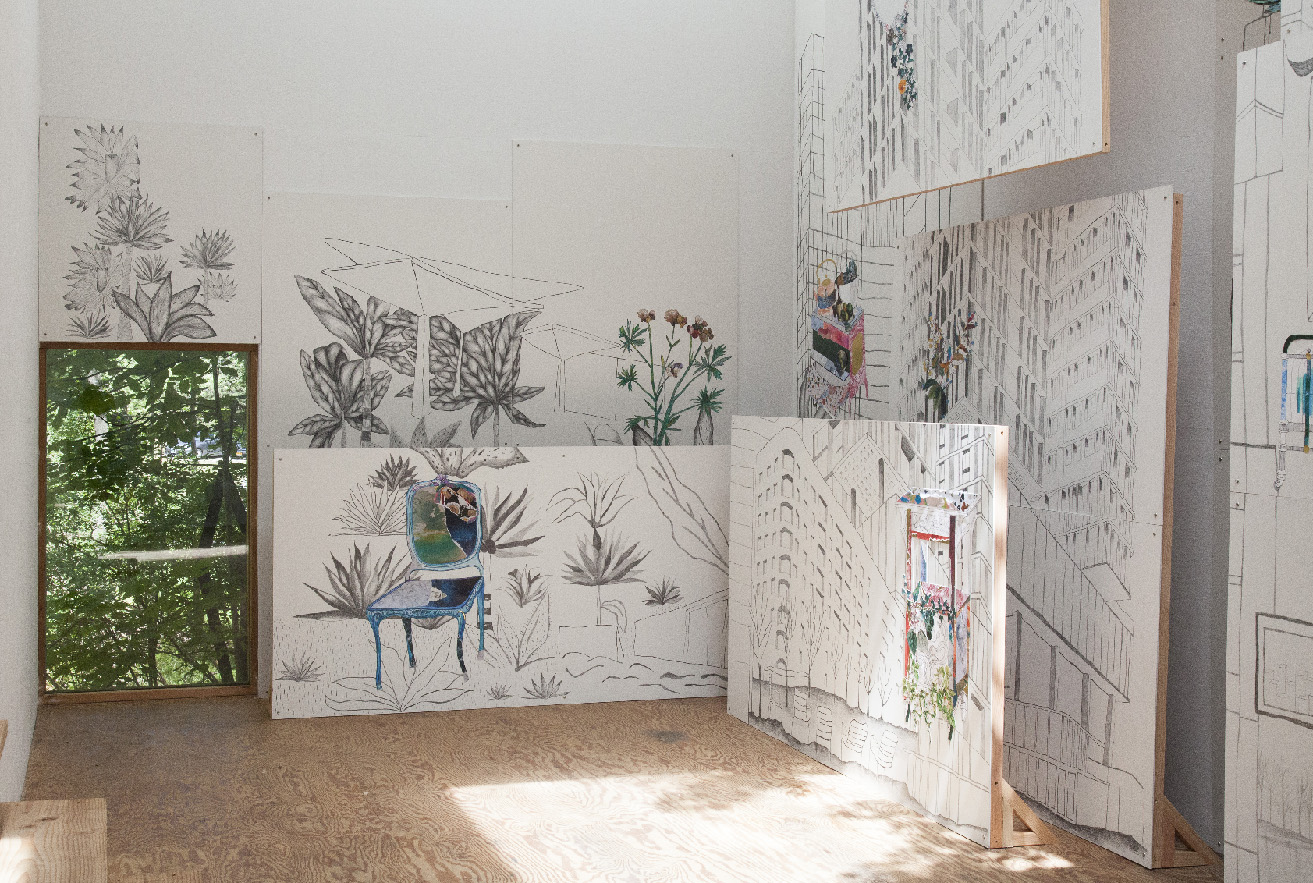 room filled with leafy and city drawings on white background 