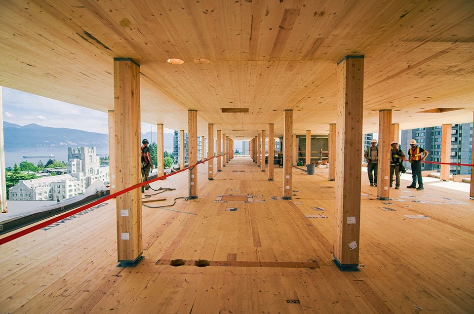 View of mass timber building on an upper level during construction