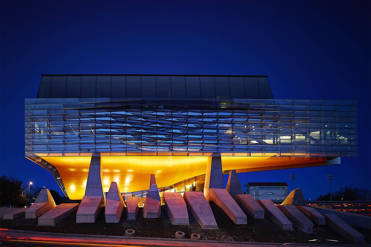 Glass sided building lit from below