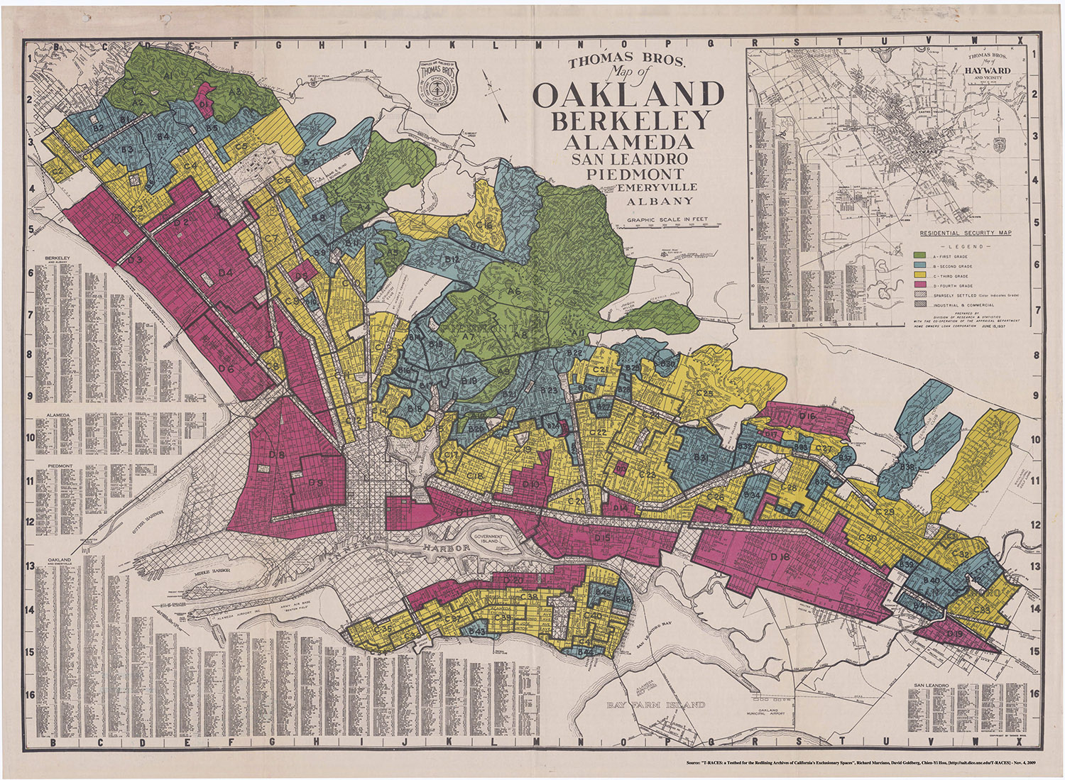 Multi-colored map of Oakland, California depicting redlining 