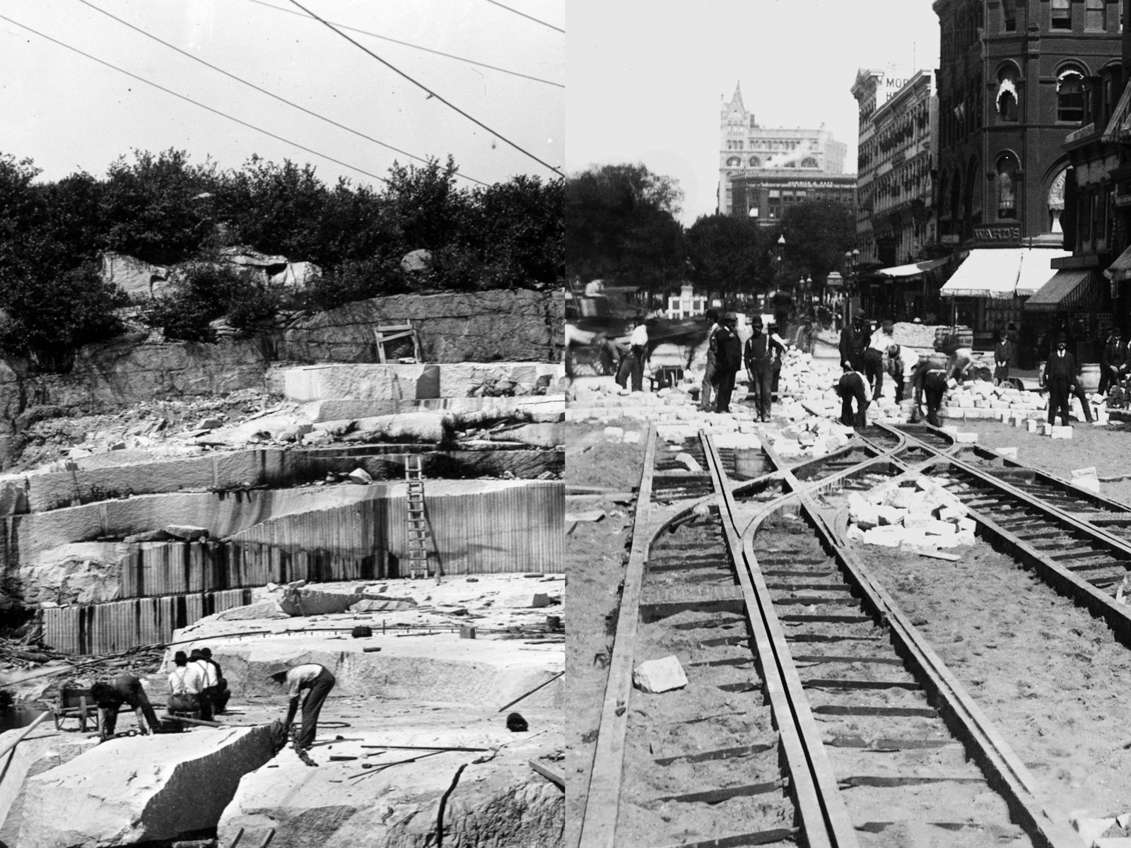 Black and white split photo, to the left is a sand quarry and railroad tracks are on the right