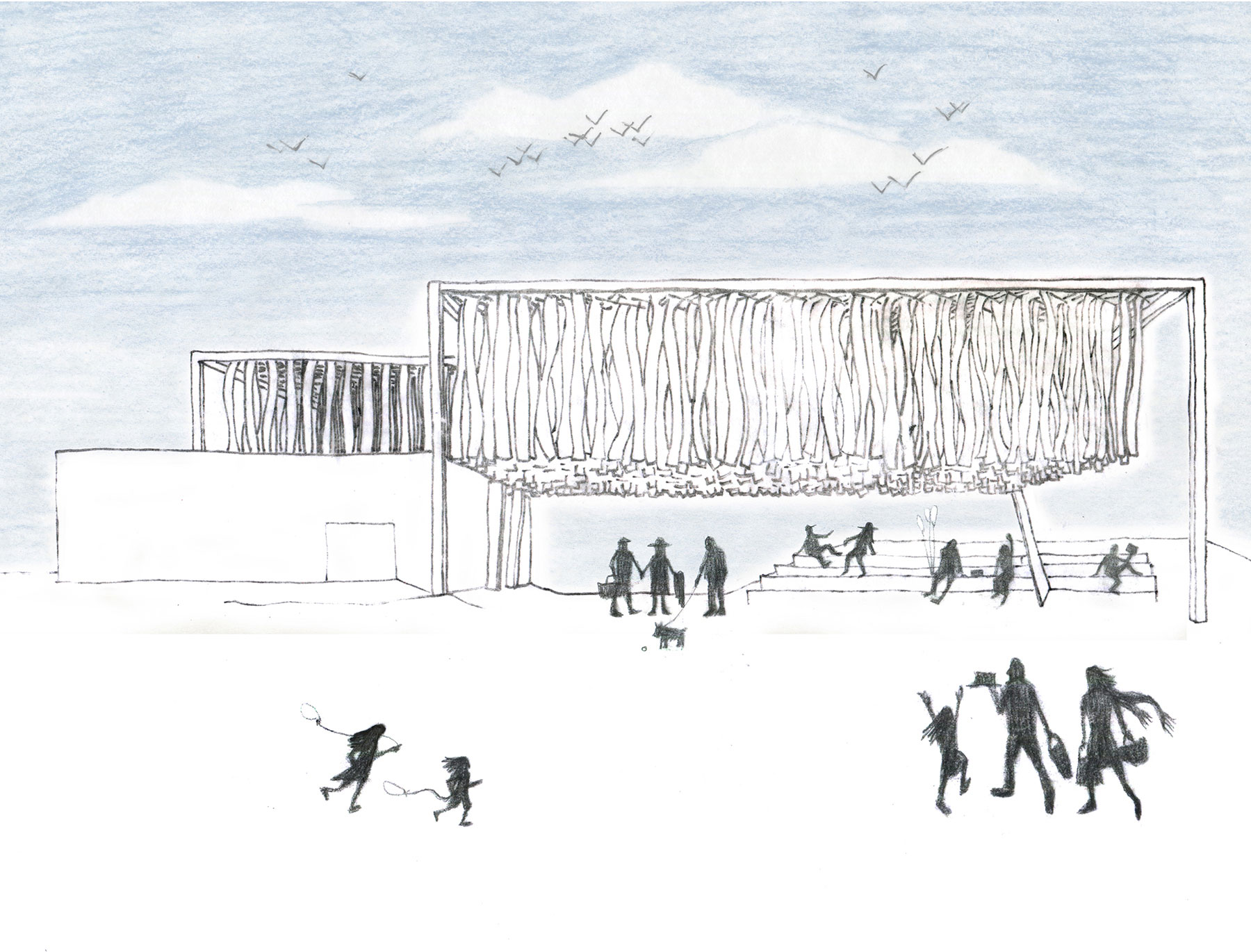 sketch of people using an outdoor pavilion